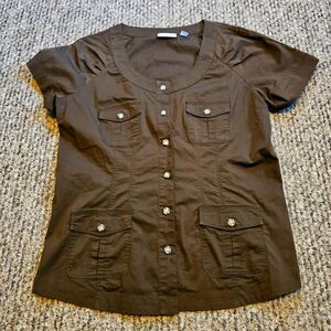 New York & Company Blouse Stretch Round Neck Brown Button Down Sz. Large